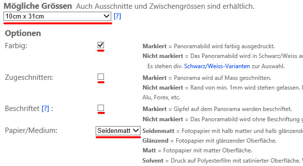 Nach einem Klick auf die Auswahlliste <i>Mögliche Grössen</i> werden in einer Liste mögliche Grössen angezeigt.