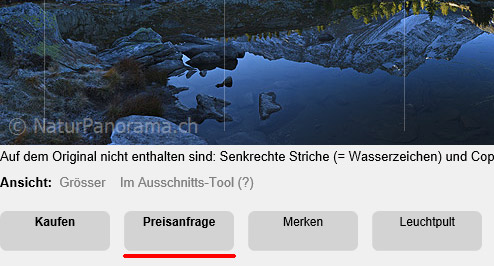 Preisanfrage - Schaltfläche in der Detailansicht der Panoramafotos.