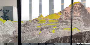 Grosses Panoramafoto der Berner Alpen als Sichtschutz in Büro.