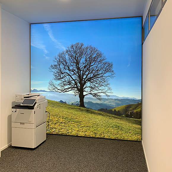 Hinterleuchtetes Panoramafoto als Wandbild in Besprechungsraum.