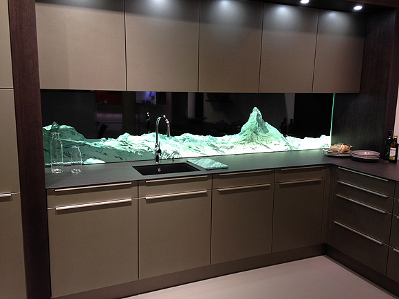 High resolution panorama of the Matterhorn on glass kitchen rear wall.