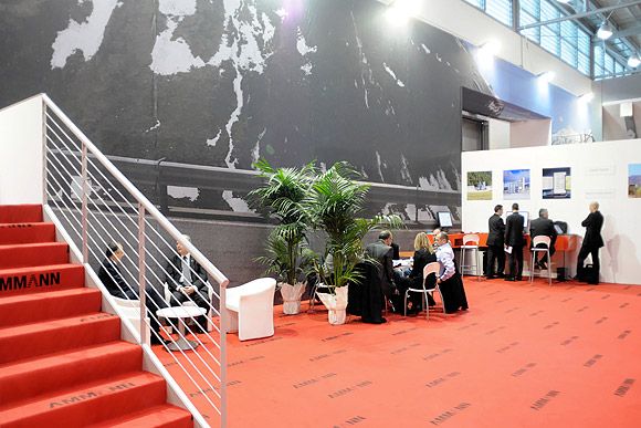 Large panorama photo as rear wall of a trade fair stand