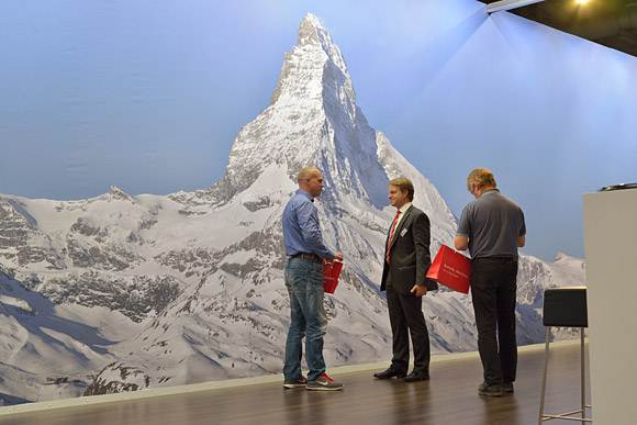 Very large panoramic photo of the Matterhorn as a rear wall of an exhibition stand.