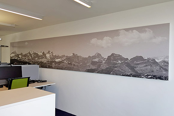 Langes Panoramafoto in Schwarz/Weiss auf Akustikpanel in Büro.