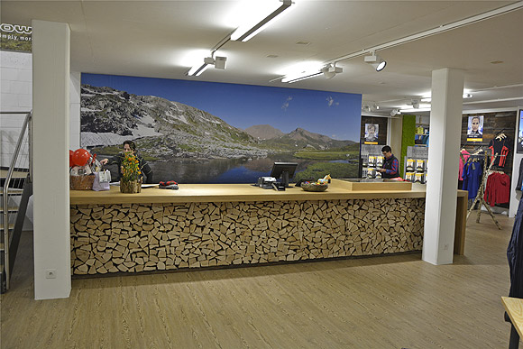 Panorama wall of a mountain landscape in the sports shop of OutdoorLand AG, Mönchaltdorf.