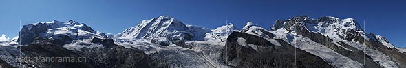 P004042a: Panoramabild Nordend, Dufourspitze, Liskamm, Castor, Pollux, Breithorn