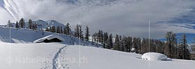 P007226b: Panoramabild Tief verschneite Alphütte in Winterlandschaft