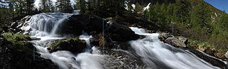 P007625: Panoramafoto Wasserfall in lichtem Lärchenwald (Bergbach)