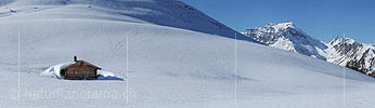 P009253a: Panoramafoto Alphütte / Almhütte in alpiner Winterlandschaft