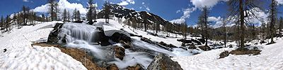 P014619: 360° Panoramafoto Bergbach mit Wasserfall in lichtem Lärchenwald