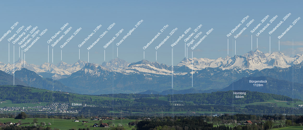 Labeled Alpine panorama of the Central Alps