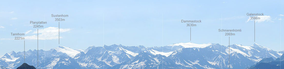 Labelled alpine panorama of the Alps of Uri