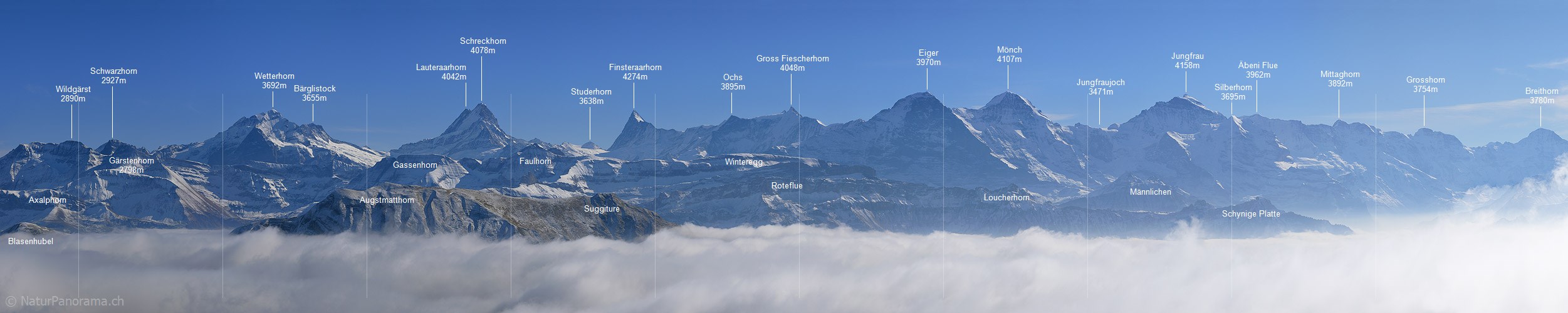 Labeled Alpine panorama of the Bernese Alps