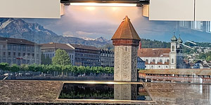 NaturPanorama.ch: Küchenrückwand aus Glas mit Kapellbrücke und Pilatus als Motiv